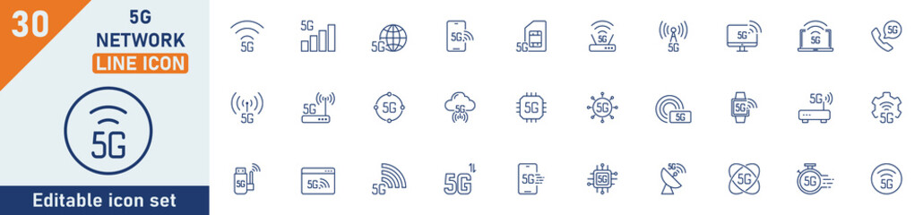 5G Network line icon set. Set of 30 outline icons related to 5G network, internet, signal, connection, routers, wireless, speed, 5G and others. Editable stroke. Vector illustration.