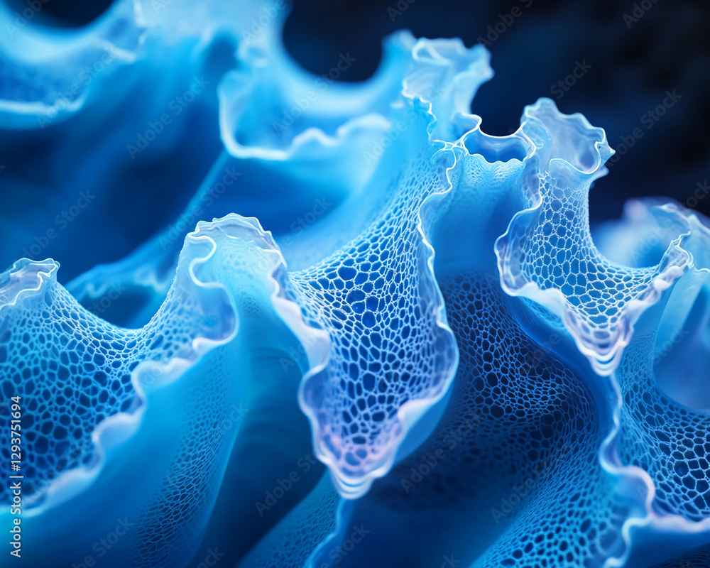 Poster close-up of a blue coral or sea sponge with intricate mesh patterns and wavy edges, showcasing natur