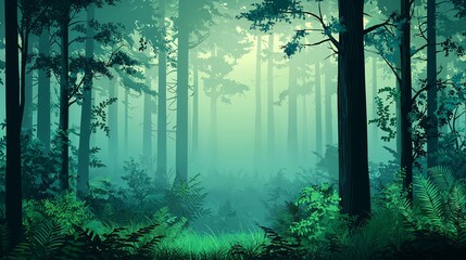 Obraz premium Misty forest path, sunlight, green plants, tranquil scene, nature background