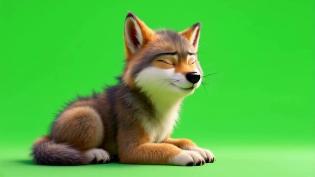 Cute animated wolf pup sitting on a bright green background, showcasing a playful expression