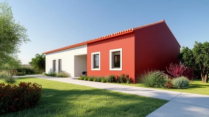 Modern Red and White House Exterior with Green Lawn