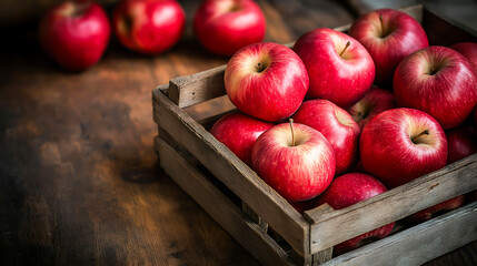 Red apples in wooden crate on rustic wooden table
