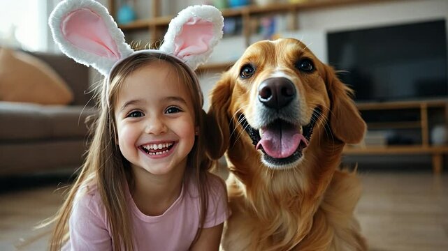 Happy girl and dog at home for Easter