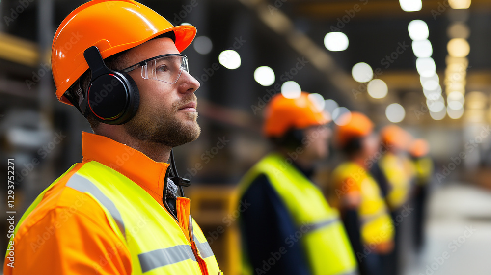 Aufkleber a factory floor with workers in bright safety gear, using noise reduction headsets and monitoring de