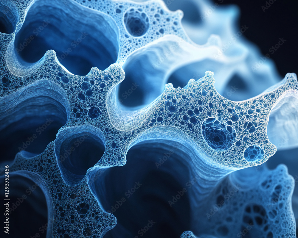 Poster Close-up of intricate blue coral or sponge texture showcasing detailed mesh-like patterns and glowing edges, symbolizing the beauty and complexity of marine life.