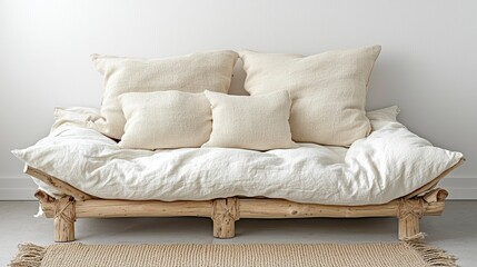 Minimalist Wooden Sofa with White Linen Cushions in Modern Home Interior