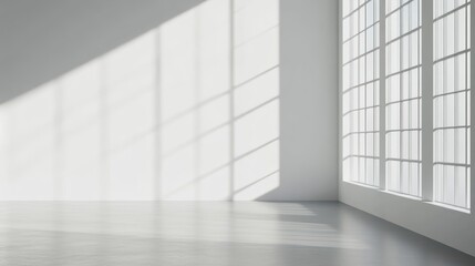 A large window in a room with a white wall. Generative AI