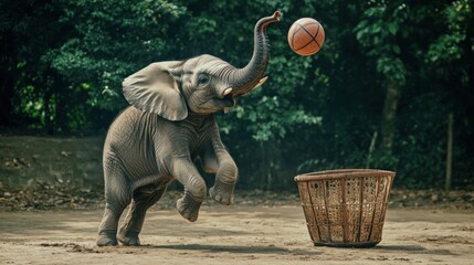 Fototapeta premium Harmony in the Wild: A Majestic Elephant Balances a Basketball Amidst the Golden Hues of an Autumnal Forest