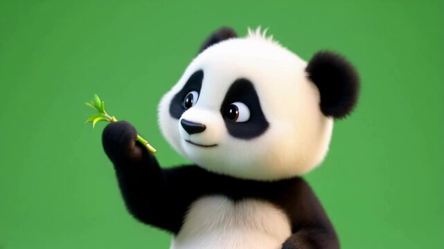 Cute animated panda holding bamboo, smiling happily against a vibrant green background