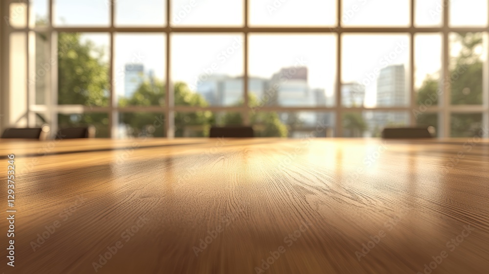 Poster a wooden table with a view of a city skyline. generative ai