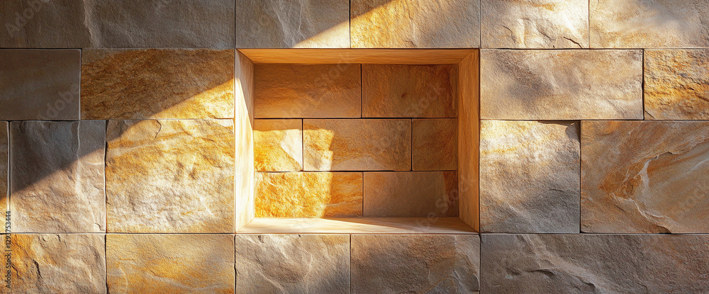 Poster close-up view of a stone wall with a rectangular niche illuminated by sunlight, showcasing natural t