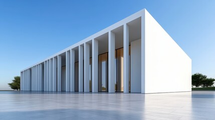 Modern White Building with Wooden Accents Reflecting on Polished Floor