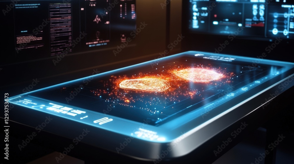 Poster futuristic interactive touchscreen displaying glowing brain scans, surrounded by digital data and gr