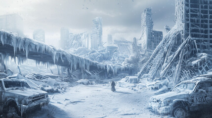 A frozen post-apocalyptic world where an entire city is encased in ice, with collapsed bridges, frozen vehicles, and lone survivors wrapped in heavy fur coats, braving the harsh cold
