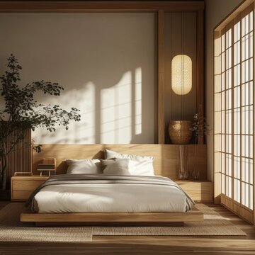 The image presents a minimalist bedroom interior with a modern look