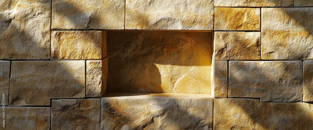 Aufkleber Close-up of a stone wall with a rectangular stone niche illuminated by sunlight, creating an interplay of light and shadows, representing architecture and design.