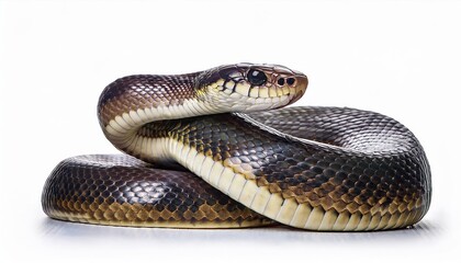 Fototapeta premium Striking Portrait of Naja kaouthia Snake in Defense Position Against Transparent Background, Embracing Fierce Intensity and Vibrant Colors.