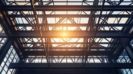 Looking Up at Modern Geometric Glass and Steel Structure with Sunlight
