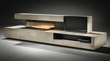Fototapeta premium Modern Concrete TV Stand with Fireplace