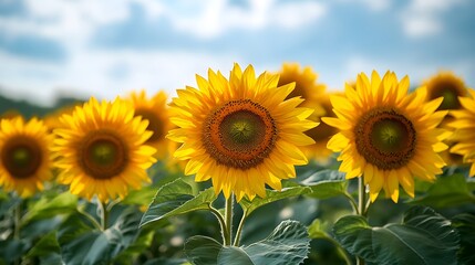 Field of sunflowers highlights realistic yellow blooms and green leaves under a blue sky, captured in a wide shot from ground level in the countryside, cheerful and summery in detail.