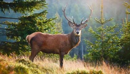 Natures Majesty A Portrait of a Brown Deer in Forest Wilderness, Capturing the Serene Beauty and Vibrancy of the Great Outdoors at Dawn.
