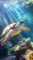 Underwater shot of a sea turtle swimming near coral reefs, with light streaming through the water, Marine life, High-resolution, Blue tones