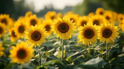Field of sunflowers highlights realistic yellow blooms and green leaves under a blue sky, captured in a wide shot from ground level in the countryside, cheerful and summery in detail.