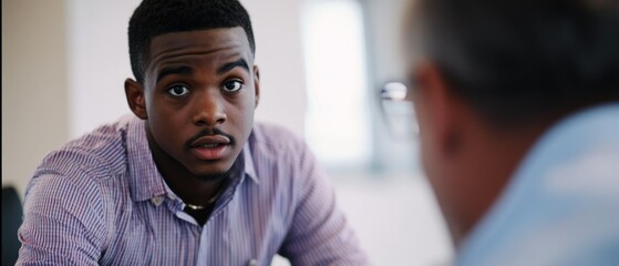 Obraz premium Young man engaged in serious conversation indoors