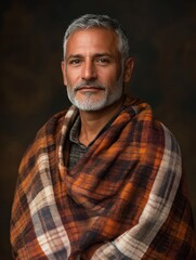 Elegant portrait of a mature man draped in a plaid shawl, showcasing warm colors and rich textures suitable for fashion discussions.