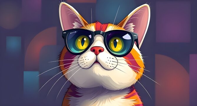 Colorful cat win sunglasses. Cartoon style. Animal with sunglasses. Funny animal photo