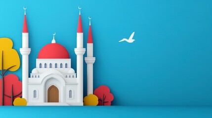Paper Style Mosque Illustration with Autumn Trees and Bird