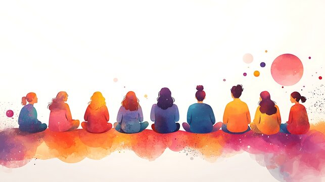 Group of diverse people sit, backs to viewer, on colorful watercolor cloud, white background