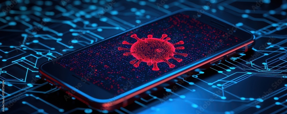 Poster smartphone screen displays a virus digital model on circuit board background global pandemic technol