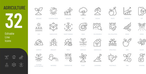 Agriculture Line Editable Icons set. Vector illustration in modern thin line style of agronomy related icons: seedling plants, plant care, harvest, and more.