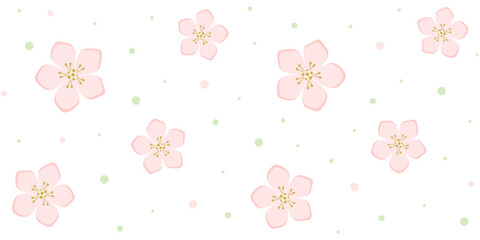 Delicate pink flowers with five petals on a white background with small dots. Floral endless texture with spring decor. Vector seamless pattern for greeting card, giftwrap, surface texture or printing