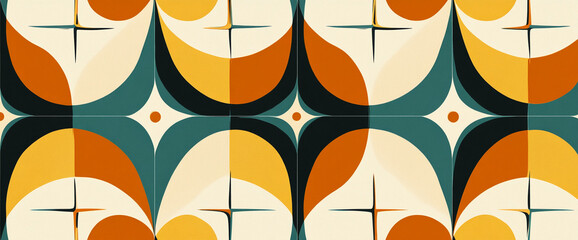 Close-up of a retro mid-century modern seamless pattern featuring geometric shapes, organic forms,...