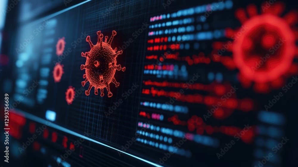 Poster glowing viral dna and rna sequences displayed on a laboratory computer screen representing intense s