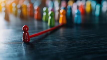 An overhead shot of a red magnet pulling colorful figurines inward, symbolizing a companyâs strong brand appeal and retention strategy.