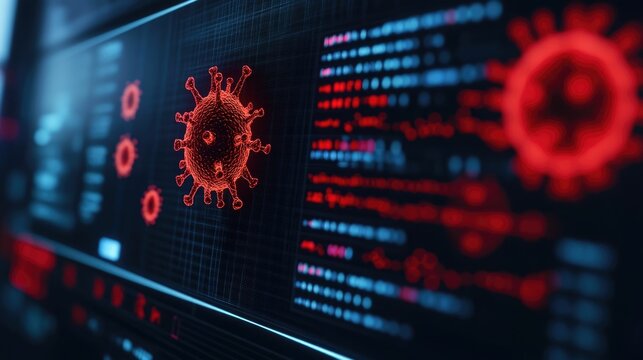 Glowing Viral DNA and RNA Sequences Displayed on a Laboratory Computer Screen Representing Intense Scientific Research and Biotechnology Advancements in Genetic Analysis and Molecular Biology