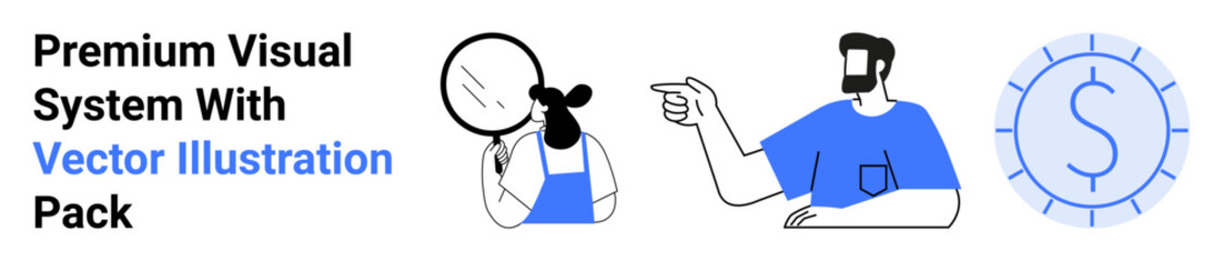 Man pointing towards a dollar sign symbol while a woman examines ideas using a magnifying glass. Ideal for finance, teamwork, business solutions, goal setting, creativity, analysis, flat landing page
