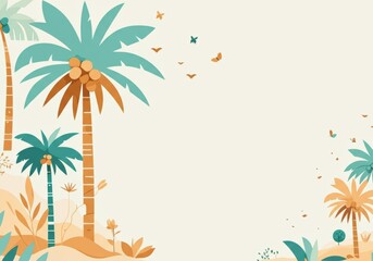 Tropical landscape with palm trees and butterflies on a light background