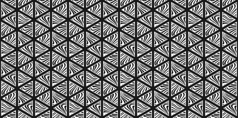 Hexagonal background of triangles with striped wavy texture. Black and white endless texture with abstract geometric ornament. Vector seamless pattern for wrapping paper, giftwrap and surface texture
