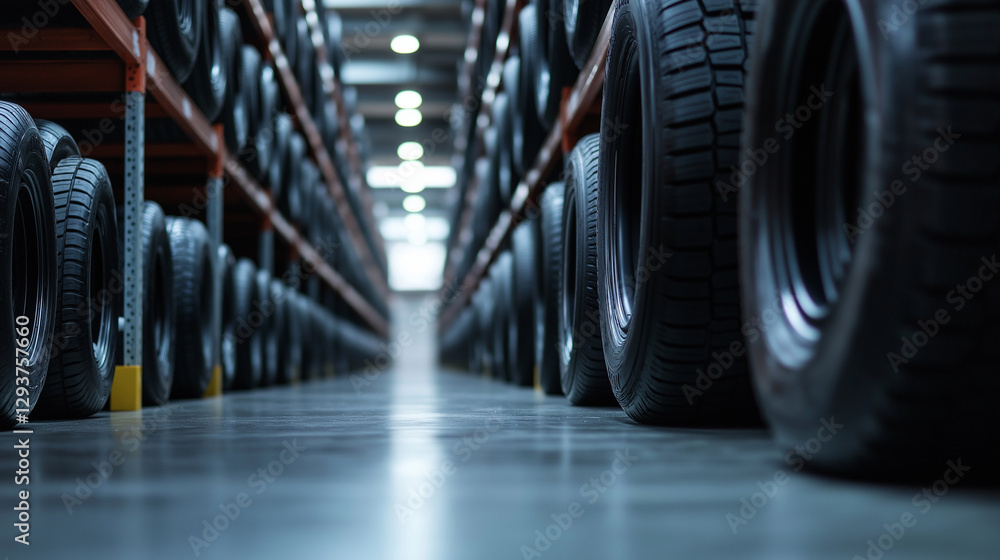 Poster a side perspective of an aisle filled with neatly stacked rubber tires, creating a sense of depth an