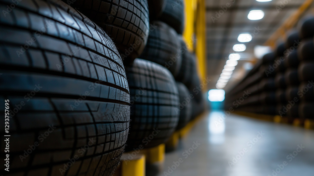 Poster a side perspective of an aisle filled with neatly stacked rubber tires, creating a sense of depth an