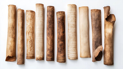 Set of ancient parchment scrolls, isolated on a white background