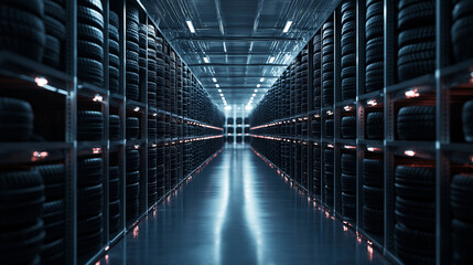 Fototapeta premium An industrial storage facility with floor-to-ceiling stacks of black tires, arranged methodically to optimize space and accessibility.
