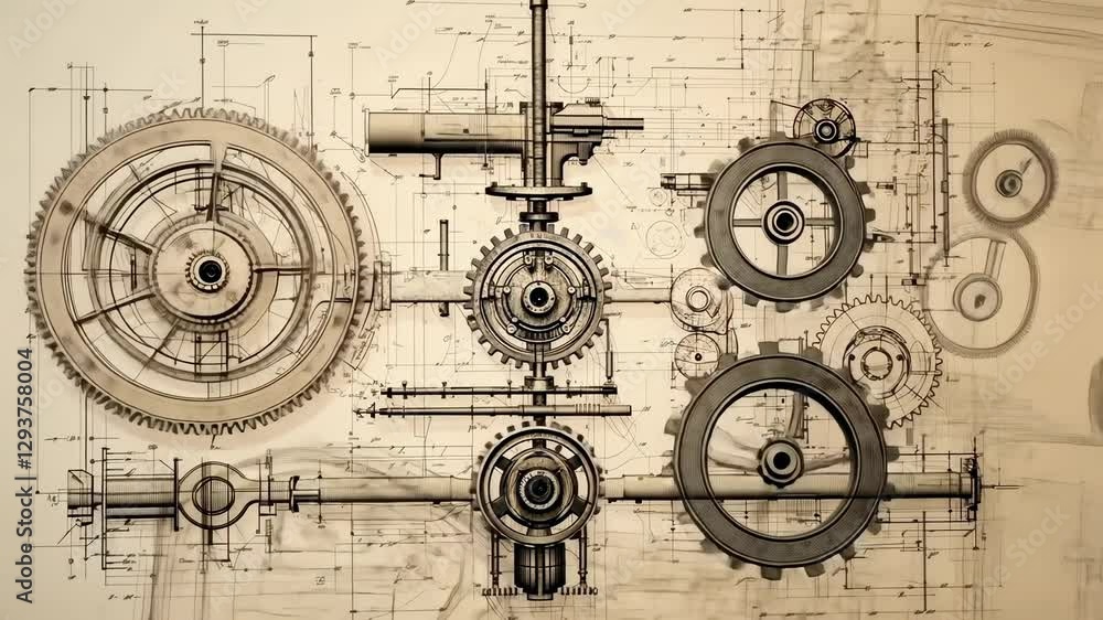 Poster top-down view of intricate mechanical gears and schematics, resembling a technical blueprint. ideal 