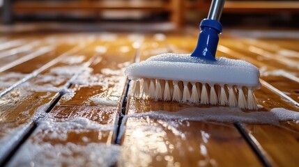 The floor scrubber glides over the wooden surface, its rotating brush lifting dirt while soapy water foams into a gleaming shine.