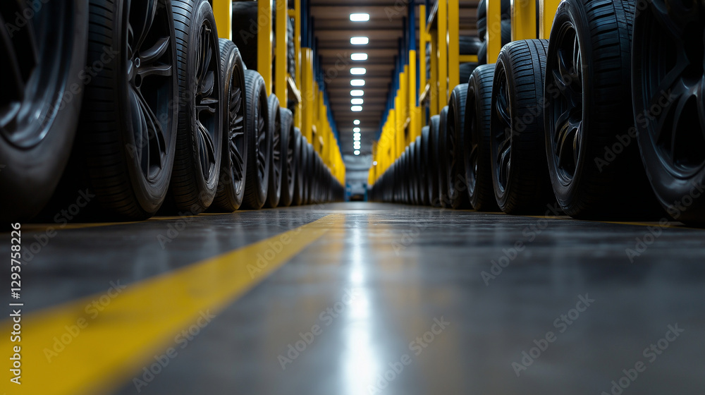 Poster a perspective shot through an aisle lined with neatly arranged tires, leading to the far end of a we