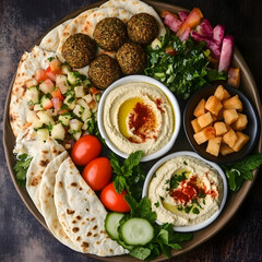 A plate of food with a variety of dishes including hummus, vegetables
